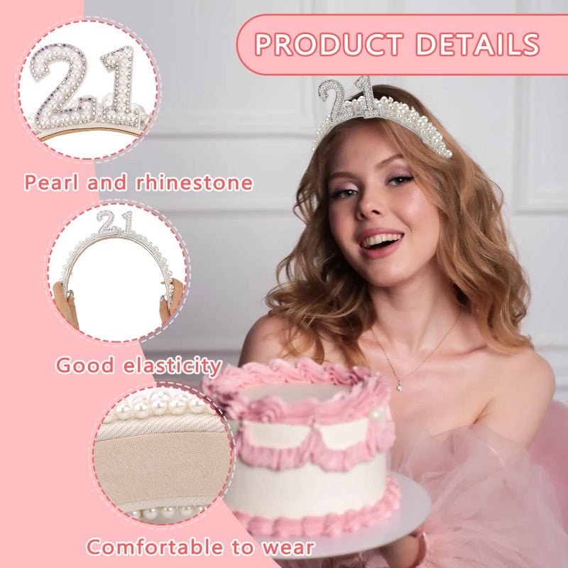 Vovii 21st Birthday Crown Tiara, White Pearl Headband for Women's 21st Birthday Outfit Accessory - Image 3